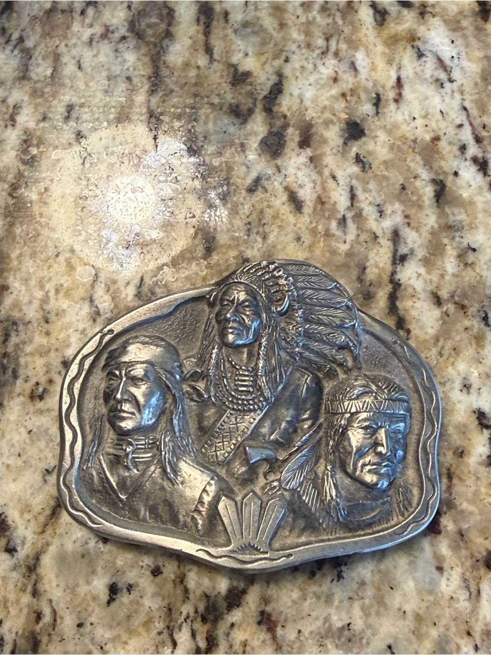 Vintage 1993 Silver-Tone Native American Three-Figure Belt Buckle